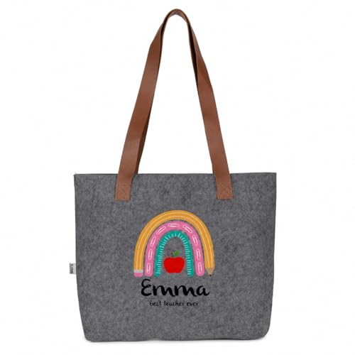 Imagen de Wanapix Bolso Gris Personalizado de Fieltro Regalo para Profesoras Bolso de Hombro Shopper Personaliza con Nombre de la Profe Asas Largas Reforzadas Regalo Fin de Curso Best Teacher