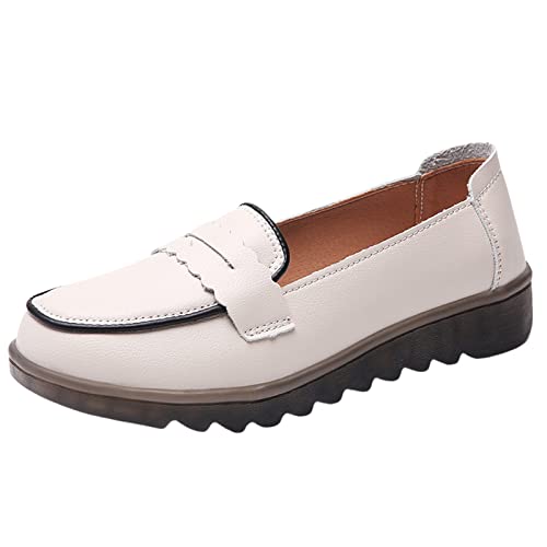 Leather Shoes Anti Slip Women Single Shoes Comfortable to Work Women Shoe Fashion Slip on Casual Shoes for Women Wide White