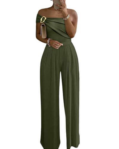 CHICME Women's Jumpsuit Dressy One Shoulder Buckle Decor Ruched Wide Leg Jumpsuits Elegant Party Overall