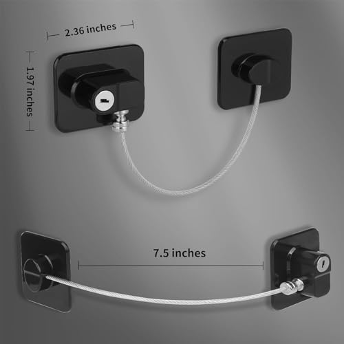 Image of Dangfly Child Safety Device Refrigerator Door Lock with 1 Key and Adhesives, Cabinet Restrictor Cable for Baby and Toddler, Lock for Cupboards, Drawers, Fridge, Wardrobe (STANDRED, 2, Count)