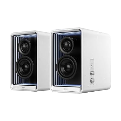 Edifier QR65 Desktop Active Monitor with 2.75" Long-Throw Aluminum Diaphragm mid-Low Drivers, Hi-Res Audio, Brilliant Light Effects, 70W Output Power Bluetooth Speakers with Stands - White