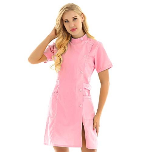 Alvivi Donna Camicia da Laboratorio Infermiera Medico Dentista Divisa Ospedaliera Infermiera in Cotone Giacca Uniforme Sanitarie a Maniche Corte Abbigliamento Specifico Rosa-Tipo A XXL
