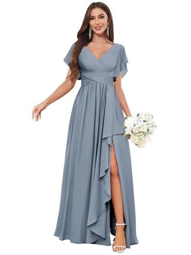 Short Sleeve Bridesmaid Dresses for Women Chiffon Ruffled V Neck Formal Evening Gowns