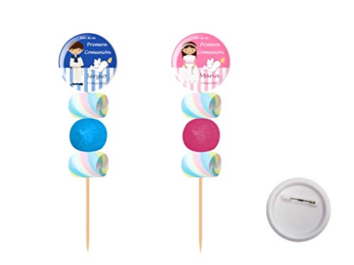 Lote de 30 Originales Brochetas de Golosinas Personalizables ' Chapa Alfiler Comunión '(A Elegir). Recuerdos. Juguetes y Regalos para Fiestas de Cumpleaños, Bodas, Bautizos y Comuniones.DC. (NIÑA)