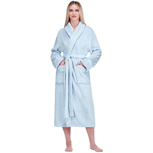 PAVILIA Soft Plush Women Fleece Robe, Light Blue Cozy Bathrobe, Female Long Spa Robe, Warm...