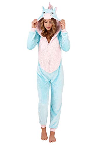 Damen-Schlafanzug, Tiermotiv, weiches Fleece, Einteiler Gr. Large 44-46, Einhorn in Aqua/Blau