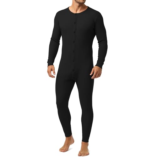 August Alley Men's Thermal Union Suits Long Sleeve One Piece Crew Neck Bodysuit Pajamas Button Down Classic Underwear(Black,Large)