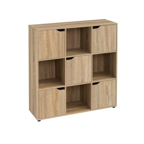 LOLAhome - Estantería Cubo Color Madera Marrón de 90x90x29 cm. Mueble de Almacenaje Compacto de Tablero de 12mm con 5 Puertas y 4 Huecos Abiertos para Dormitorio, Salón, Estudio, Oficina