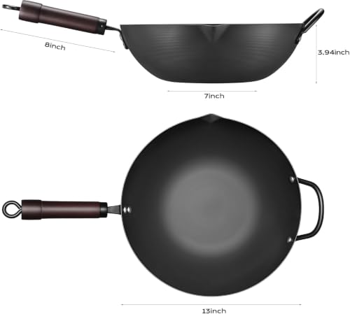Image of FGJ Wok, 13 Inch carbon steel wok pan with steamer & stir-fry pans nonstick, Pre-Seasoned 5.8QT Flat Bottom Chinese Woks Roasting Pan with lid, Carbon Steel Cookware, Compatible with All Cooktops