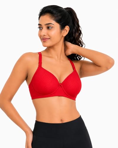 Image of Women's Cotton Rich Padded Wire-Free Everyday Bra, Seamless Self-Stripe Full Coverage T-Shirt Bra (Red)