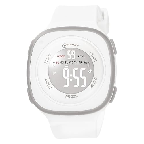 OFFCUP Digital klocka för barn, armbandsklocka för pojkar och flickor, vattentät sportklocka, flickklocka med väckarklocka med LED-kronometer för kvinnor, Kvadrat vit rund, Square, rem