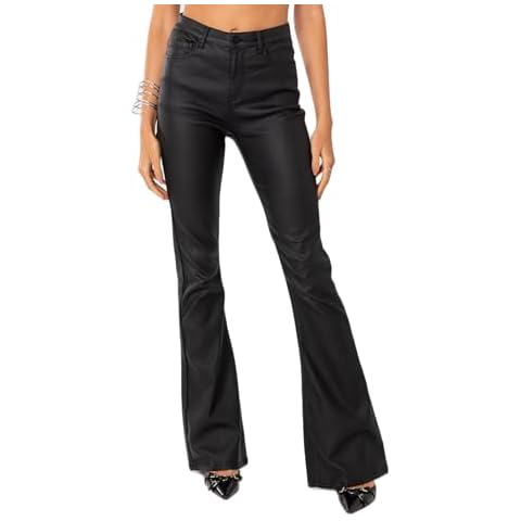 Kodaruber Women Faux Leather Flare Pants PU High Waisted Skinny Bell Bottoms Leggings Trendy Bootcut Pants with Slant Pocket(Black,Small) Cover