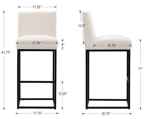 Image of HNY Modern Counter Height Bar Stool, Linen Fabric Upholstered Bar Stool with Backs, 31 Inch Kitchen Island Stools with Black Metal Frame, Cream