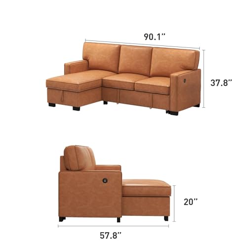 EBELLO Convertible Sleeper Sofa 3 in 1, Faux Leather Modern L-Shaped Couches for Living Room, Pull Out Sectional Futon Sofa Bed with Storage Space, USB Ports and Cup Holders for Bedroom, Brown - Thumbnail 2