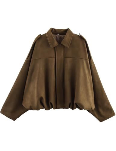 Kissonic Womens Faux Suede Bomber Jacket Oversized Batwing Long Sleeve Zip Up Cropped Coat Streetwear
