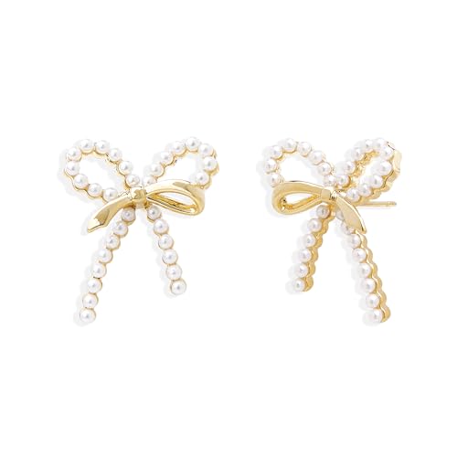 Jean Beau Gold Bow Pearl Stud Earrings for Women Trendy Dainty Double Bow Pearls Earring Wedding Prom Christmas Fashion Accessories Jewelry Gift