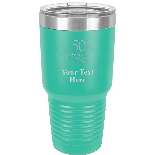 50 Years Of Service Travel 30oz Teal Stainless Steel Vacuum Insulated Hot/Cold Tumbler with Clear Lid - Great Customizable Gift For Any Special Event. BPA Free Prime
