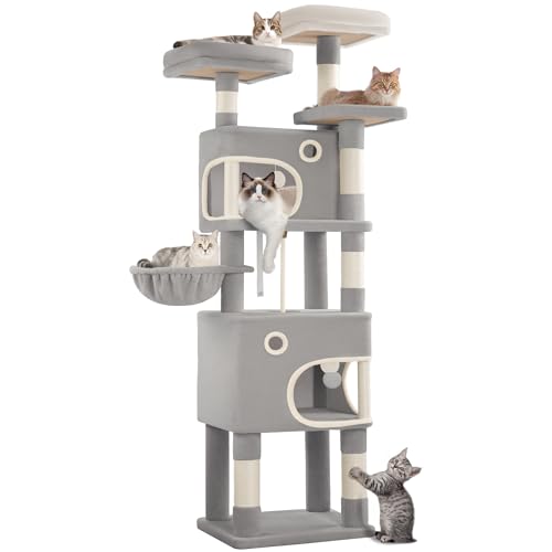 Hzuaneri Tiragraffi, Albero per Gatti da 180 cm con 8 Tiragraffi, 3 Piattaforme, 2 Grotte, Cestino, Palline di Peluche, Corda di Sisal, Grigio Chiaro MS18018LG