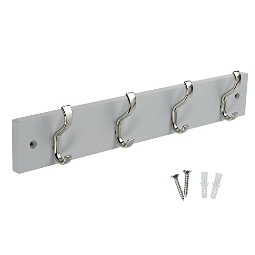 keypak Minimalistic Wall-Mounted Coat Rack – 4 Hooks on Stylish Modern Wooden Base for Wall & Door – All Fixings Included (Satin Nickel/Dove Grey)