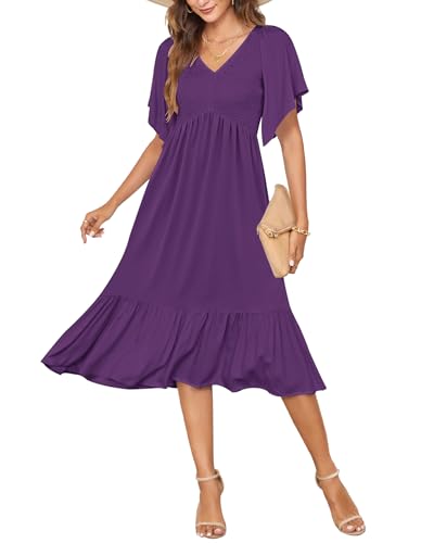 AUSELILY Women's Summer Empire Waist Dress Smocked Flutter Short Sleeve V Neck Midi Dresses 2025 New