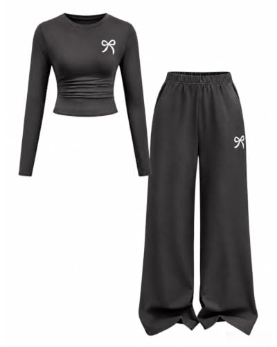 Image of Tween Girls Clothes Long Sleeve Bow Knot Print Top + Wide Leg Pants 2 Piece Outfit Set, Size 7-16 Years