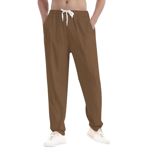Mens Casual Solid Color Pants Elastic Waist Lightweight Breathable Lounge Loose Fit Pants Beach Trousers