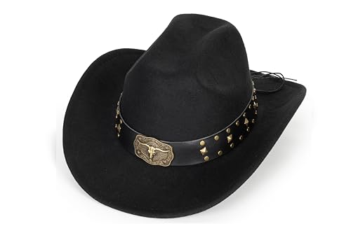 Image of Western-Cowboy-Hats for Women Men - Classic Wide Brim Felt Fedora Unisex Upturn Bull Head Cowgirl Caps with Buckle Belt