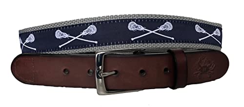Mens Navy and White Lacrosse Leather Belt, White Lax sticks crossed on Navy Ribbon