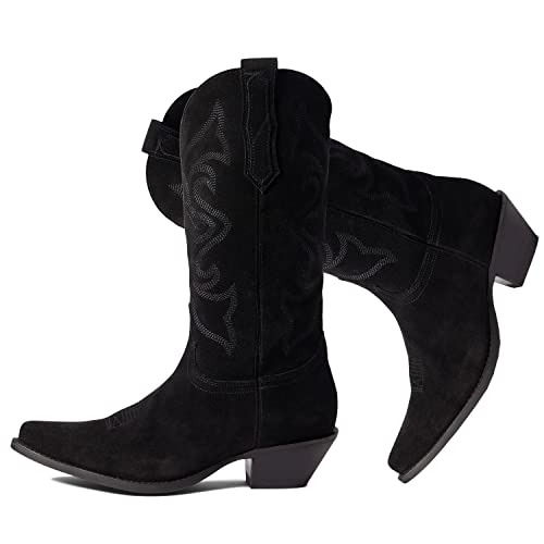 Image of LEHOOR Cowboy Boots Women Embroidered Mid Calf Western Boots Stacked Low Heel Pointed Toe Pull On Cowgirl Boot 4-11 M US