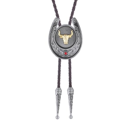 Image of Jeilwiy Bolo Tie for Men, Western Cowboy Golden Longhorn Bull Eagle Horse Cowboy Hat Bolo Necklace Leather Necktie for Women
