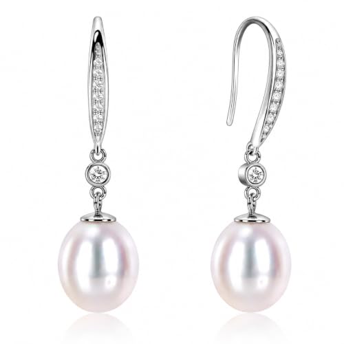 AAAAA+ White Oval Pearl Drop Earrings for Women, Sterling Silver Hooks