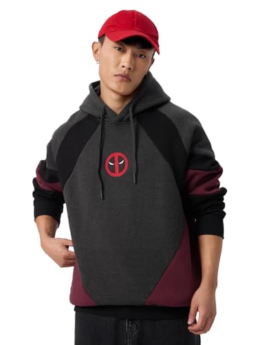 Image of The Souled Store Deadpool: Wade Wilson Men and Boys Long Sleeves Hooded Neck Pull On Grey Graphic Printed Cotton Blend Oversized Hoodies