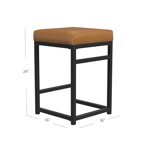 Image of HomePop Metal Frame Counter Stool, 24-Inch, Carmel Faux Leather