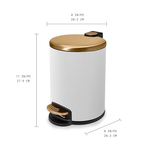 Image of ACENTO Step Bin, 1.3 Gallon / 5 Liter Round Trash Can, Soft-Close Lid with Removable Inner Bucket & Steel Pedal, Freestanding Bathroom Waste Bin, Matte White and Gold