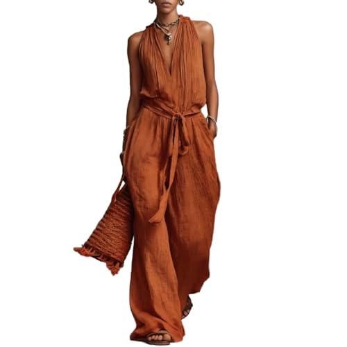 REASERAL Womens Linen Sexy Jumpsuit Sleeveless V Neck Loose Fit
