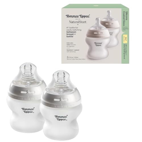 Image of Tommee Tippee Silicone Coated Glass Baby Bottles for Feeding, 5 0z, Anti-Colic, 0+ Months, Slow Flow Breast-Like Nipple, Shatter-Proof Glass, BPA Free, Pack of 2