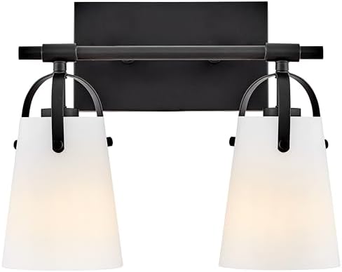 Hinkley Foster Small Two Light Bath Vanity, Etched Opal Glass Shades, Arched Handle, Install Up/Down, Black Finish