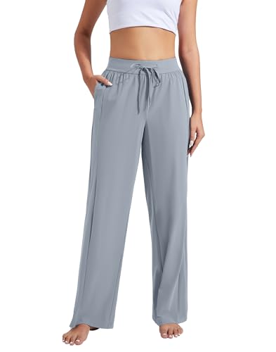 Pioneer Camp Women Cooling Wide Leg Pants Summer Casual Elastic Waisted Trousers Palazzo Beach Pants with Pockets Grey