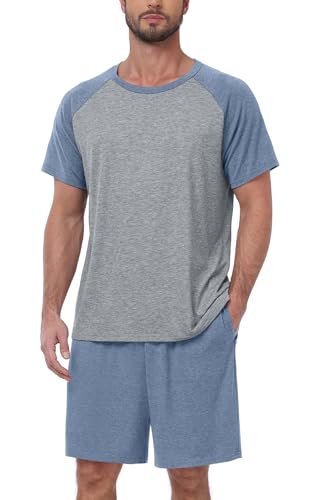 Mens Pajama Set Summer Pjs Sleepwear Lightweight Short Sleeve Pjs Soft Comfy Sleep Set With Pocket
