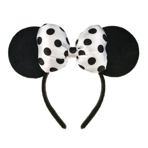 A Miaow 3D Black Velvet Headband Polka Dot Satin Bow Hair Clasp Women Adults Hair Accessory Party Costume Supply Holiday Park Headwear (Black and White)