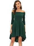 Allegra K Damen Cocktail Kleid Schulterfrei 3/4 Ärmel Asymmetrische Rüschen Partykleid Samt Minikleid Grün M
