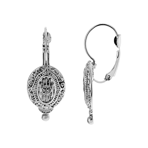 Silver Tone Baroque Insignia Oval Drop Earrings, 1928 Jewelry Earrings for Women - Embossed Silver Oval Drop Earring, Leverback Closure, Vintage Jewelry Vault Collection
