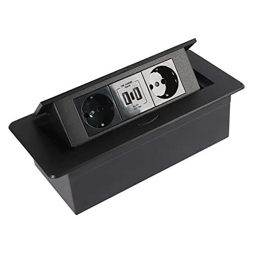 Enchufe retráctil, 3 enchufes empotrables de 4000 W con 2 USB+2 enchufes estándar europeos+1 tipo C, 22,3 × 10,8 × 7 cm, enchufe de mesa desplegable, para encimera, oficina, color negro