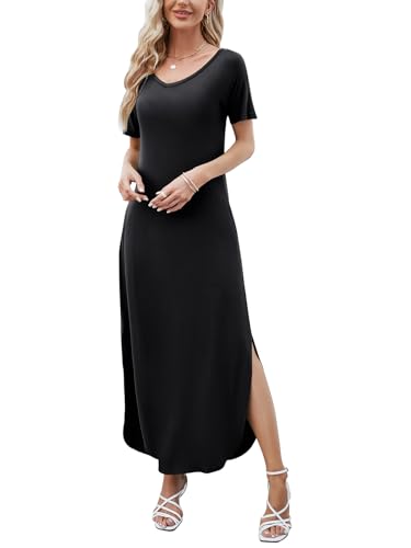 HUSKARY Women's Summer Maxi Dress Casual Loose Pockets Long Dress Short Sleeve Split Maxi Dresses4