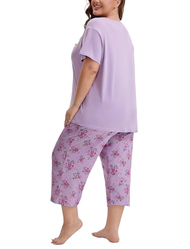 Image of Plus Size Pajamas for Women Set, Womens Plus Size Short Sleeve V Neck Capri Pants Pajama Sets with Pockets