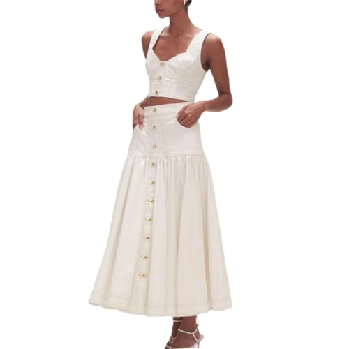 Women Spliced Button Two Piece Set Square Collar Sleeveless Short Tops High Waist A Line Long Skirts Suit