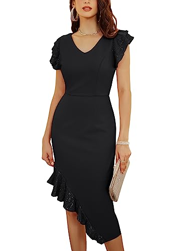 GRACE KARIN Women's Sexy Patchwork Sequin Dresses Flutter Sleeve Irregular Hem Party Dress S Black