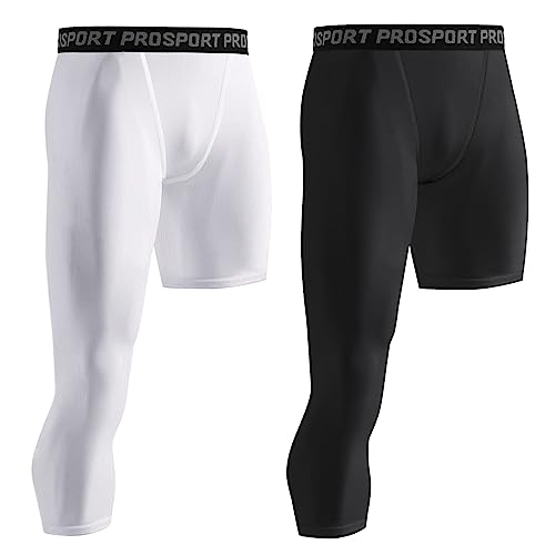 Blaward Men's Compression Pants 3/4 One Leg Tights Athletic Base Layer Leggings for Running Yoga Basketball, Pack of 2, Black+white#right, Medium