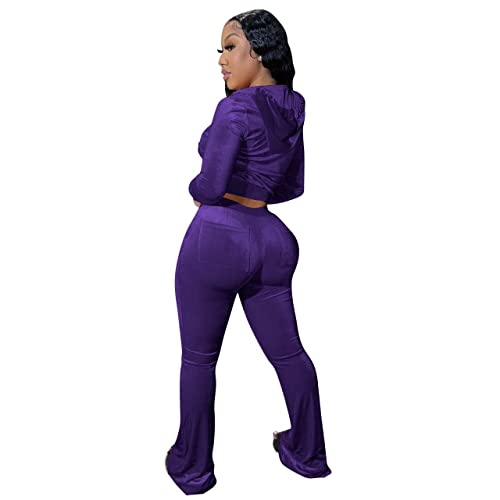Yeshire Women's 2 Piece Outfits Velvet Sweatsuits Zip-Up Hoodie Jacket Casual Jogging Set Tracksuit Set With Pockets Small Purple #TOP1