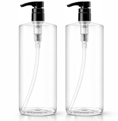 Bar5F Empty Shampoo Bottles with Pumps (2-Pack 32oz/1Liter/Large) BPA-Free PETE1 Plastic Bottle...